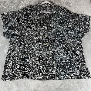 Susan Graver Button Up Blouse Womens L Black White Paisley Flutter Sleeve (1015)